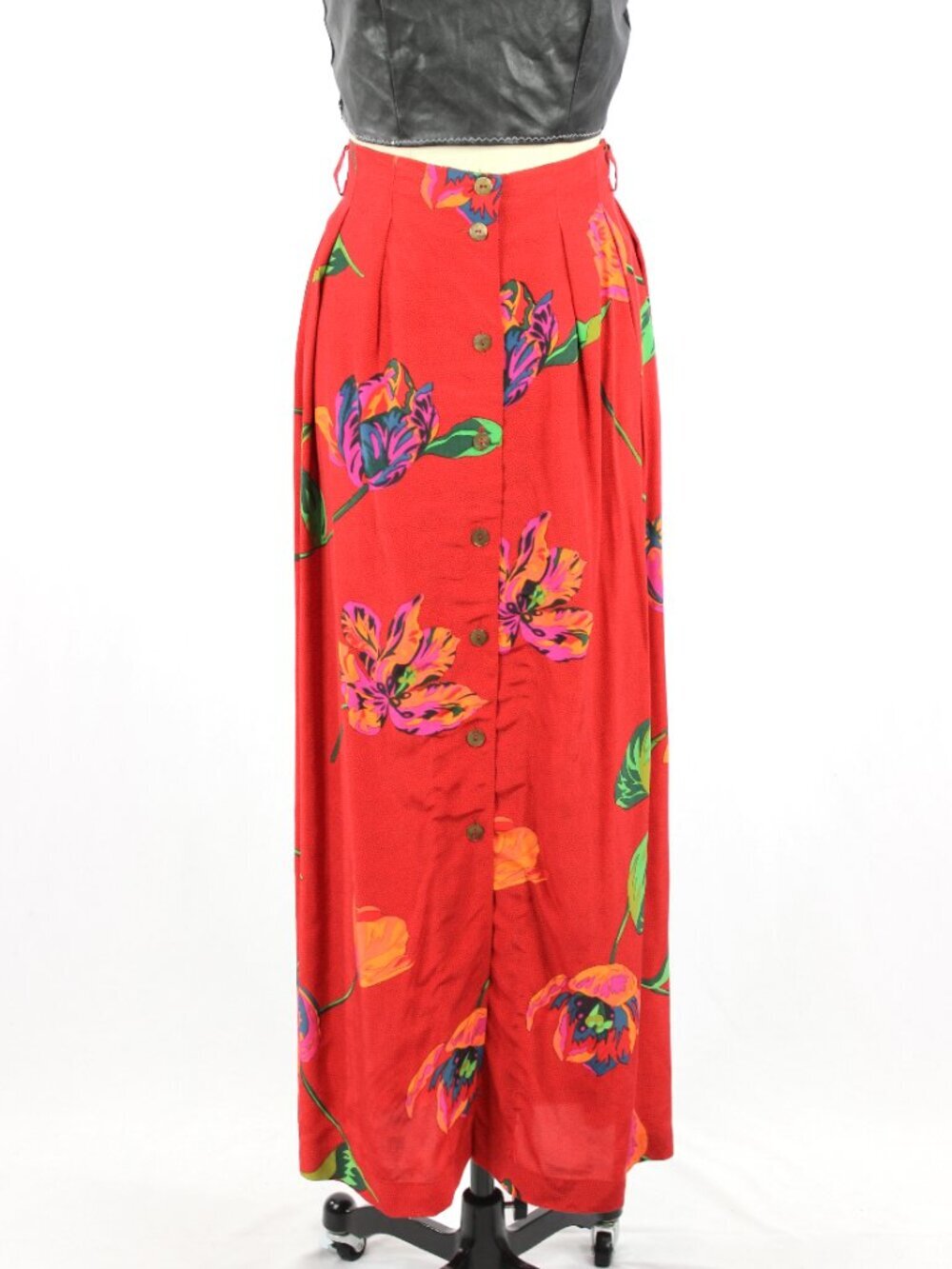 Vintage 80's MONDI Red Floral ViscosePleated A-Line Midi Skirt, Size 18 - Picture 2 of 14